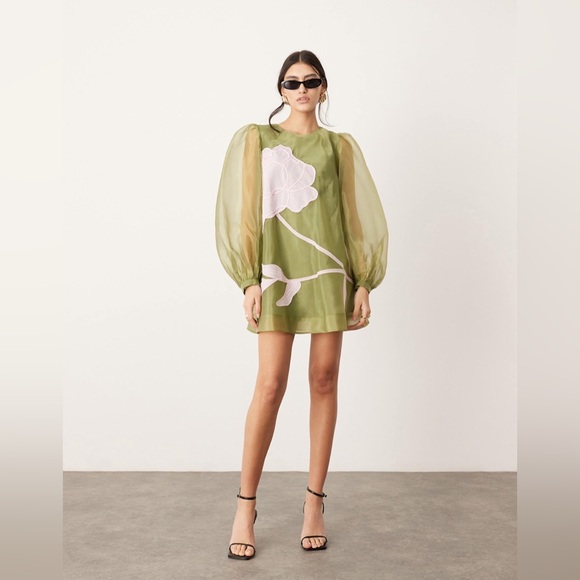 ASOS Edition Applique Floral Volume Sleeve A-Line Mini Dress Olive Pink Sz 6 NWT - Picture 2 of 12